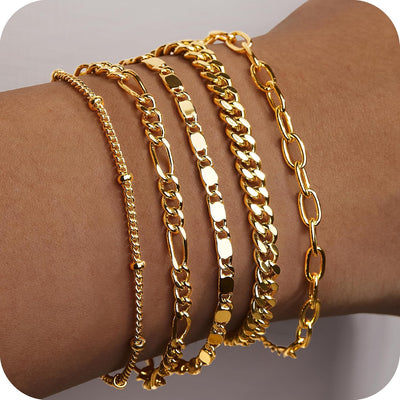 Gold Chain Bracelet Set — Paperclip & Cuban Link, 7