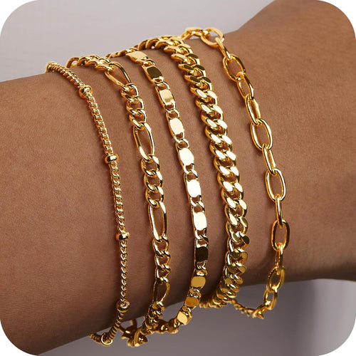 Gold Bracelets Set for Women Non Tarnish Trendy,14K Gold Plated Dainty Stackable Paperclip Cuban Link Chain Bracelets, Simple Cute Cuff Bracelets Jewelry Set Adjustable 7