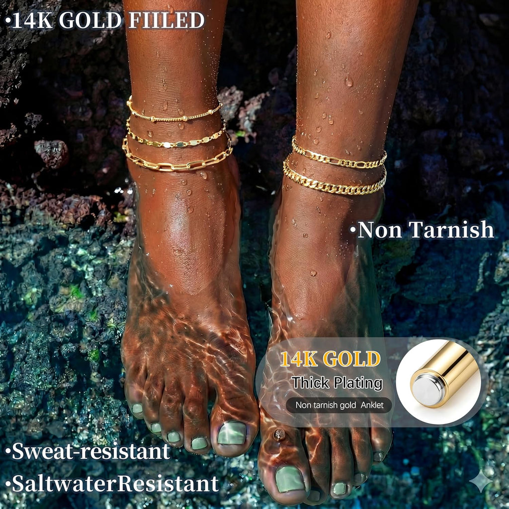 Layered Anklet Set — Cuban & Figaro Chain, Waterproof