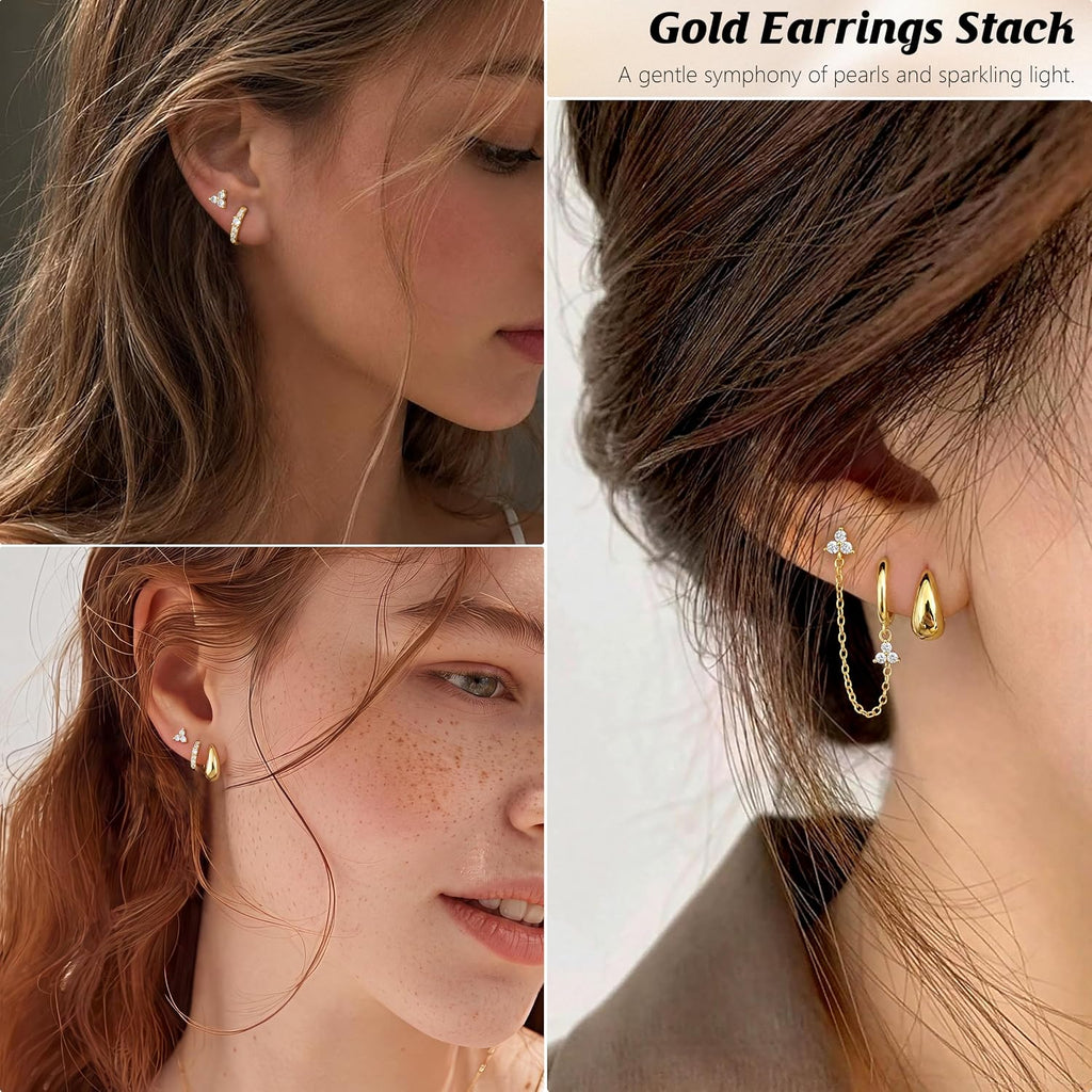Gold Huggie Hoop Earrings Set for Women, 14K Gold Plated – view 5