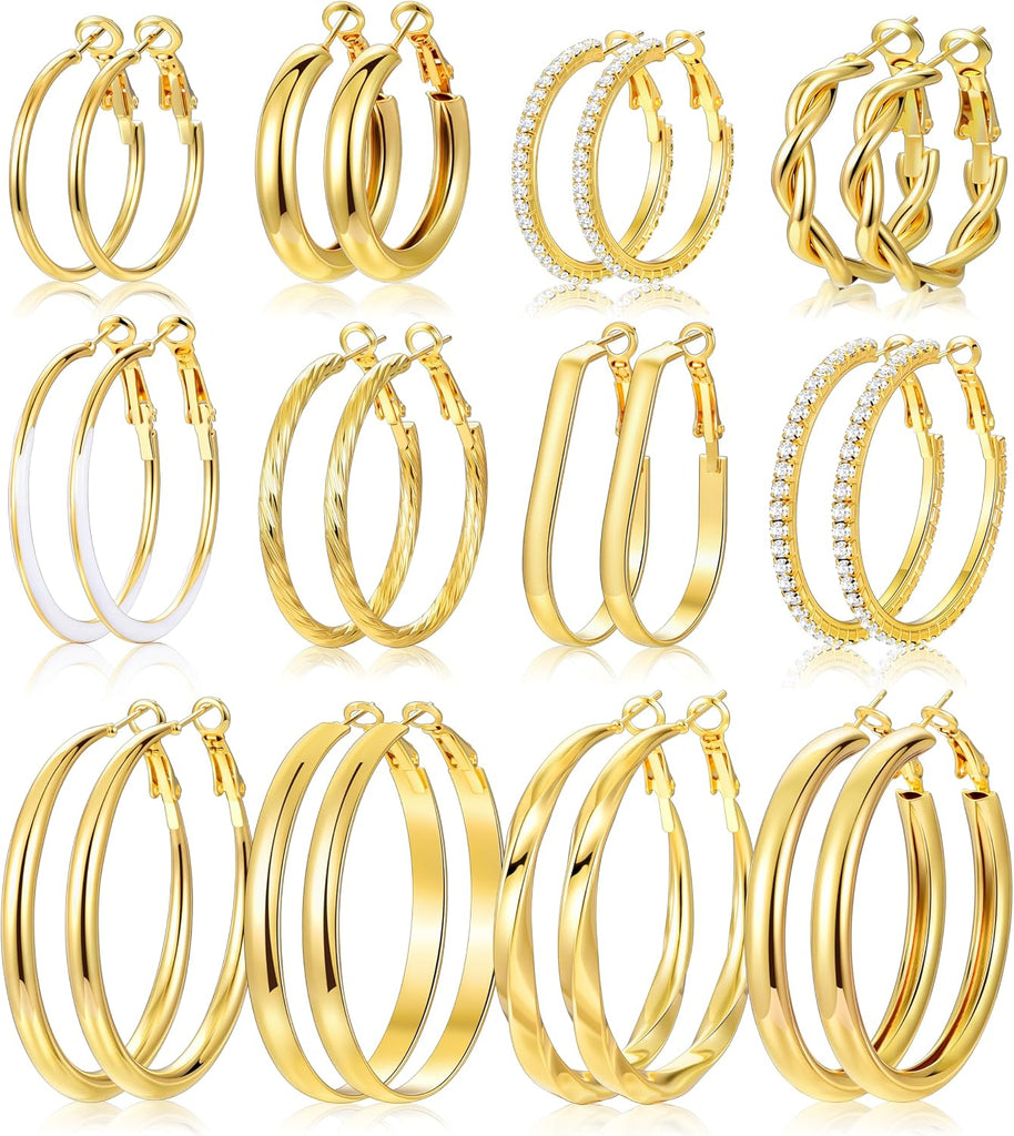 Gold Hoop Earrings Set — 12 Pairs, Lightweight Mixed Styles