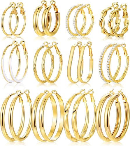 Gold Hoop Earrings Set — 12 Pairs, Lightweight Mixed Styles
