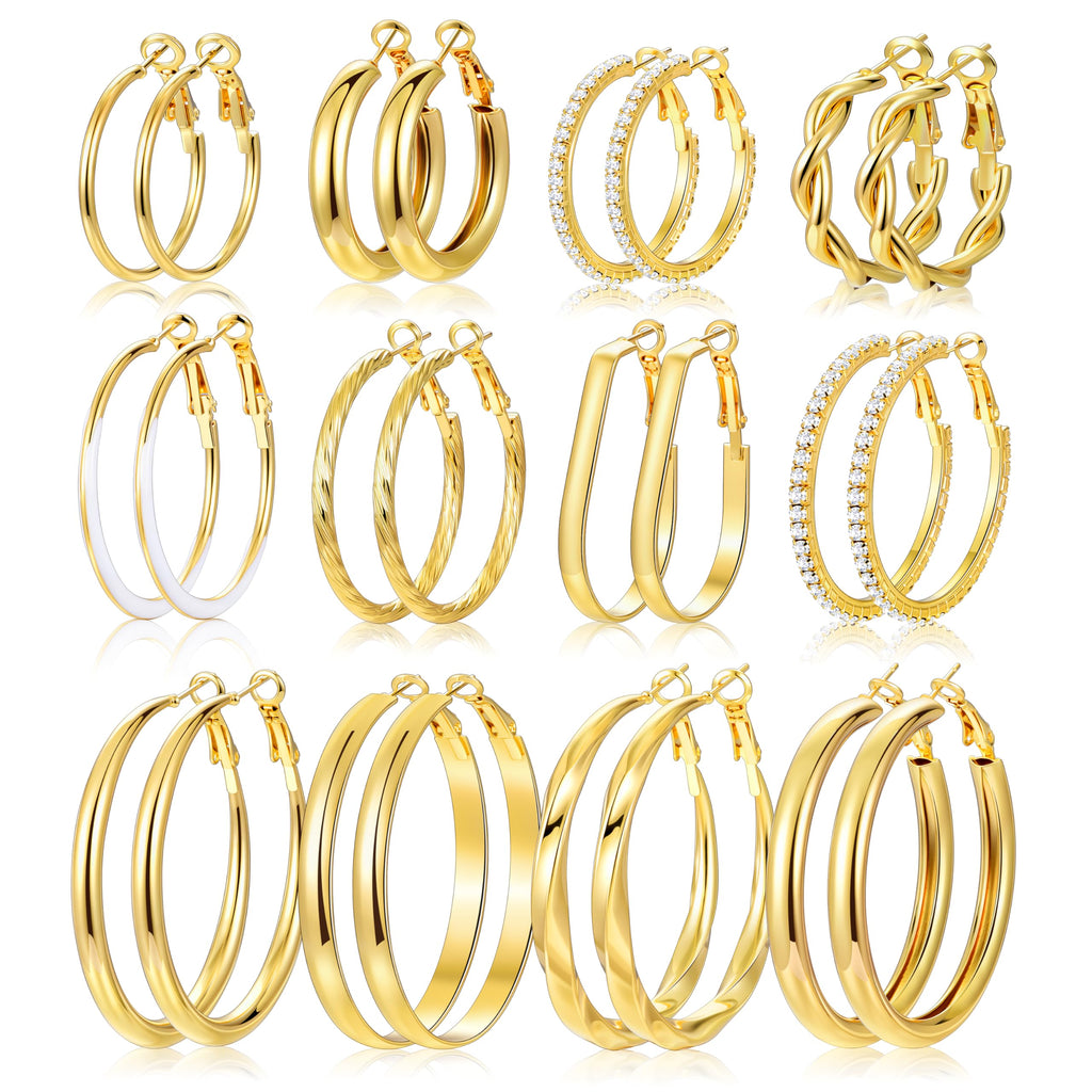 Gold Hoop Earrings Set — 12 Pairs, Lightweight Mixed Styles