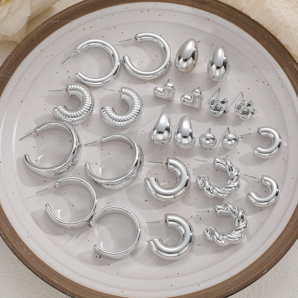Chunky Silver Hoop Earrings — 12 Pairs, Huggie Stack
