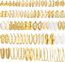将图片加载到图库查看器，42 Pairs Gold Hoop Earrings for Women, Chunky Pearl Twisted Hypoallergenic
