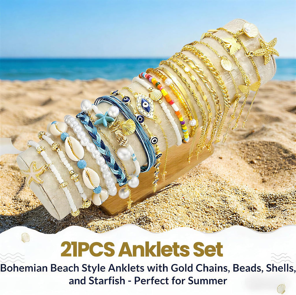 Gold Anklet Set — 21 Pieces, Adjustable Layered