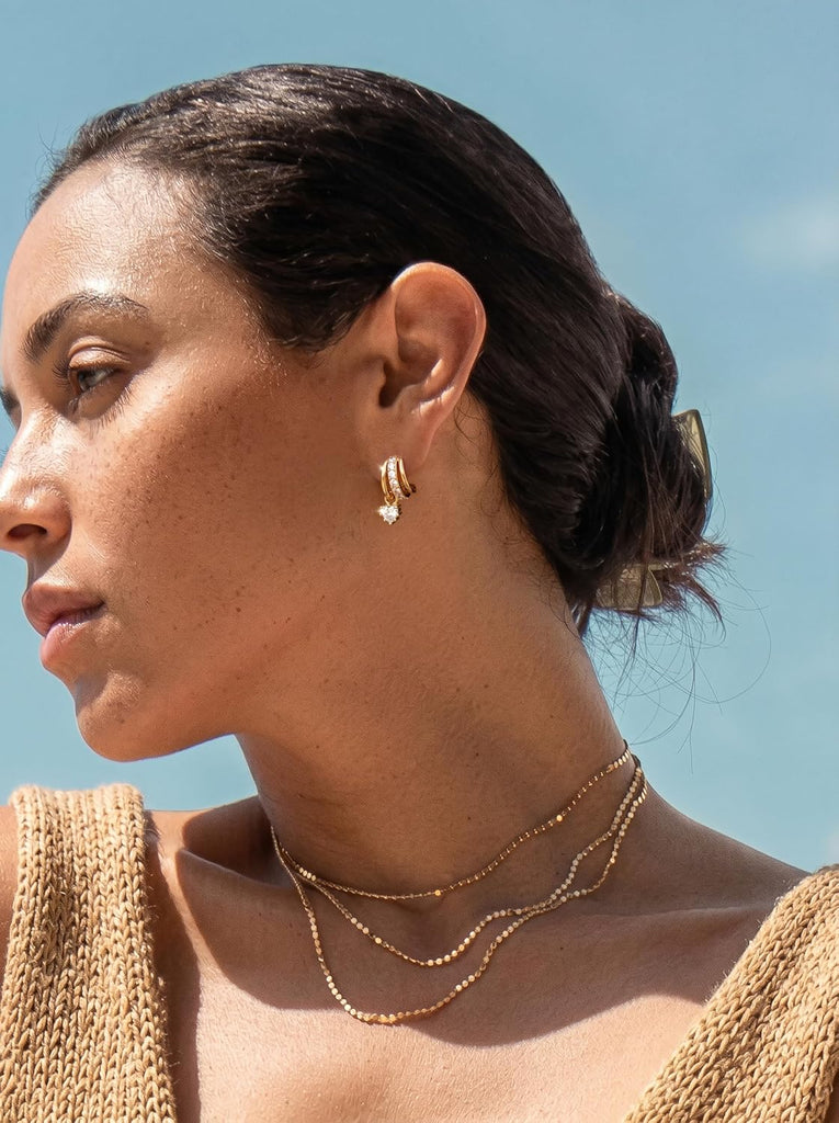 Gold Dangle Illusion Earrings for Women - Triple Huggie Studs for Single Piercing With CZ Heart & Pear Dangle Charm,
