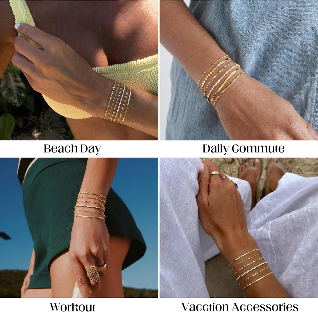 Gold Bracelets Set for Women Waterproof, Non Tarnish 14K Gold Plated Tennis Beaded Figaro Herringbone Paperclip Link Chains,