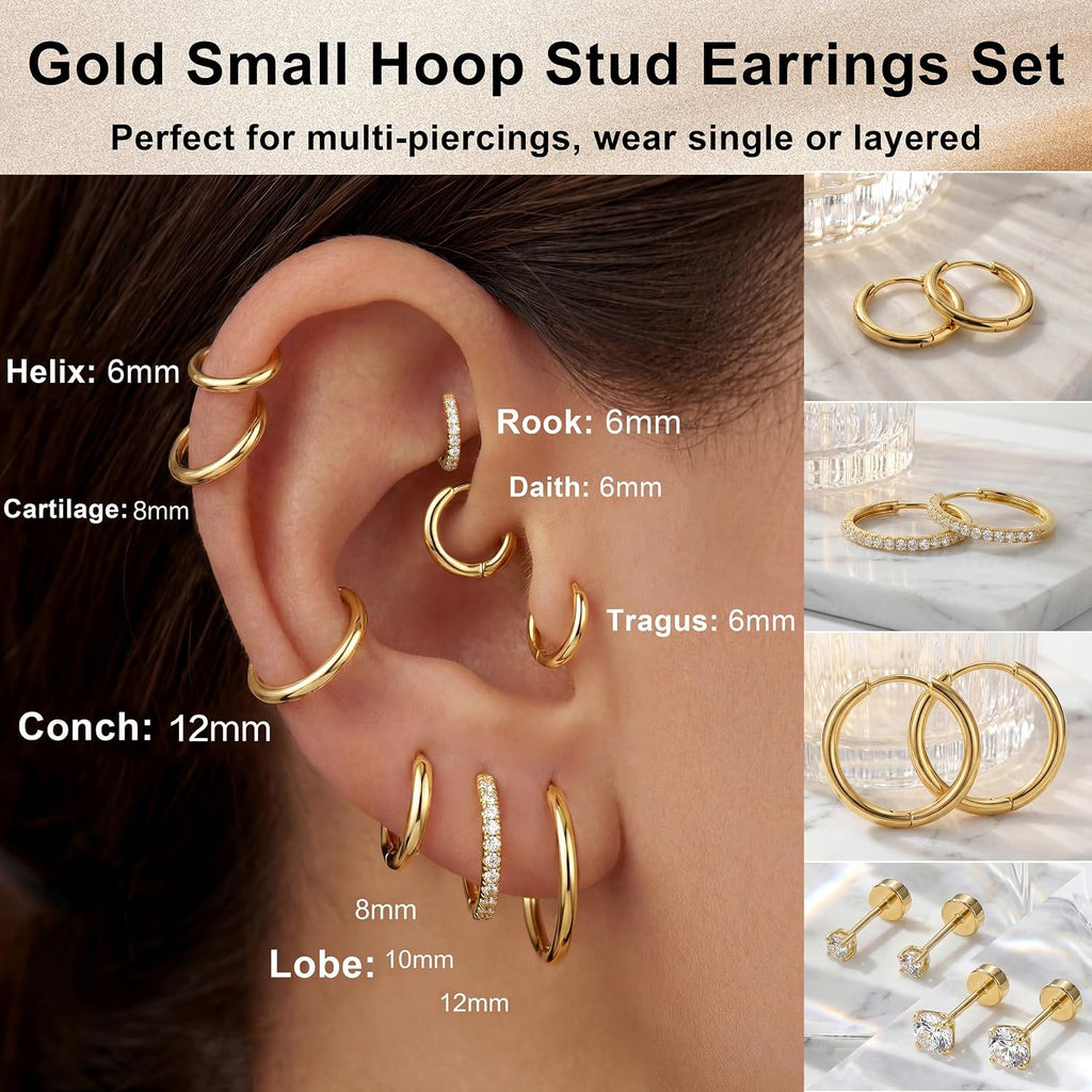 Small Gold Huggie Hoop Stud Earrings Set for Women Stack, Flat Back 316L Hypoallergenic 14K Plated Cartilage Helix Tragus Earrings for Multiple Piercings, Sleeper Earrings Cute 6 Pairs Jewelry Gifts